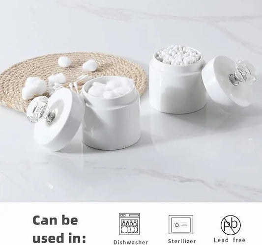 ONTUBE Porcelain Cotton Swabs Holder Organizer with Crystal Lid and Easy to Clean, White (Silver Lid, Set of 2) - ModernBath