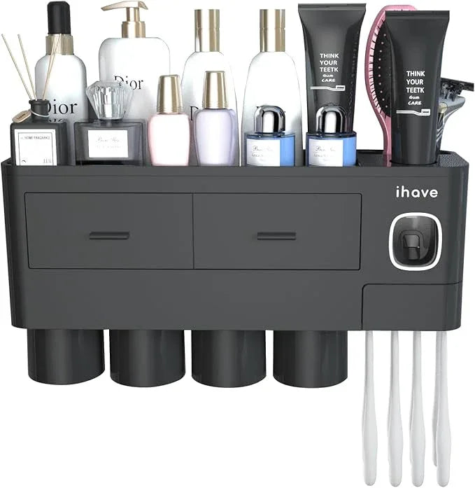 iHave Toothbrush Holders for Bathrooms, 4 Cups Toothbrush Holder Wall Mounted with Toothpaste Dispenser - Large Capacity Tray, 2 Cosmetic Drawer - Bathroom Storage & Bathroom Organizer - ModernBath