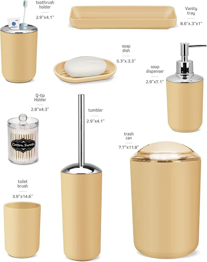 IMAVO Bathroom Accessories Set,Yellow Bathroom Set,9 Pieces Bathroom Accessory Set,Tray,Qtip Holders,Toilet Brush,Trash Can for Bathroom Décor and Home Gifts - ModernBath