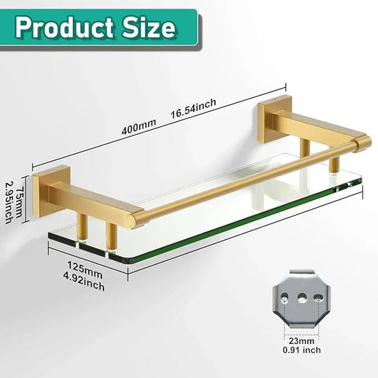 16 Inch Brusheld Gold Bathroom Glass Shelves with Stainless Steel Railing, Tempered Floating Glass Modern Decoration Bathroom Shelf Sink Over Toilet - ModernBath