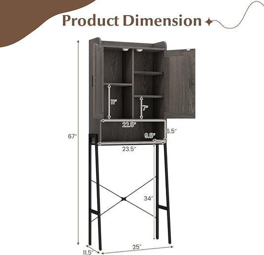 Giantex Over The Toilet Storage Cabinet, Freestanding Space Saver Above Toilet Storage with Metal Stand, Adjustable Shelves & 2 Hooks, Wooden Over Toilet Bathroom Organizer for Laundry Room, Restroom