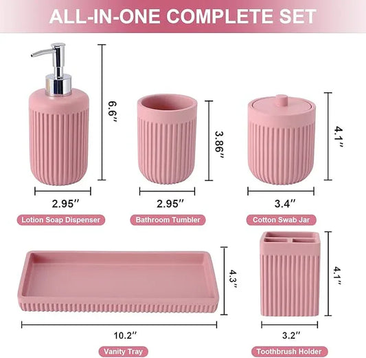 XLHOMO Resin Pink Bathroom Accessories Set 5 Pcs, Lotion Soap Dispenser, Toothbrush Holder, Bathroom Tumbler, Qtip Holder and Vanity Tray, Bathroom Countertop Organizer Set for Modern Home Apartment - ModernBath