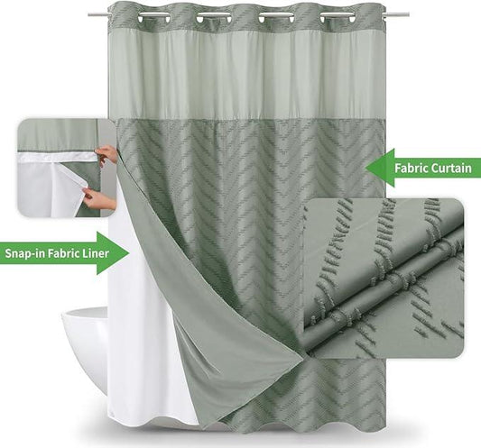 eachope No Hook Tufted Chevron Striped Shower Curtain with Snap-in Fabric Liner set-71Wx74H(72H),Sage Green Hotel Grade Boho Style Shower Curtain with See Through Top Window,Water Repellent - ModernBath