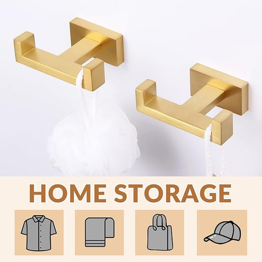APLusee Double Bath Towel Hook 2 Pack, Solid Stainless Steel Square Dual Coat Holder, Modern Bathroom Kitchen Storage Hanger Wall Mounted, Brushed Gold