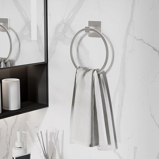 RUACQ Towel Ring for Bathroom 2pcs,Square Base Hand Towel Holder Hangers Wall Mount,Heavy Duty,Stainless Steel(Brushed Nickel)