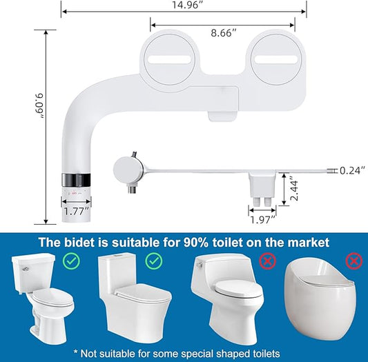 Toilet Bidet Attachment Non-Electric Dual Nozzle – Self-Cleaning Frontal & Rear Wash, Adjustable Water Pressure, Fresh Cold Water Sprayer, Ultra-Slim Easy to Install, Toilet Seat Attachment, Black