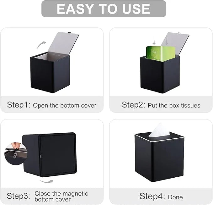 KINGFOM Leather Tissue Box Cover – Square Modern PU Leather Tissue Holder, Cube Tissue Dispenser for Home, Office, Bedroom, Bathroom – Elegant Minimalist Style (Black-Square) - ModernBath