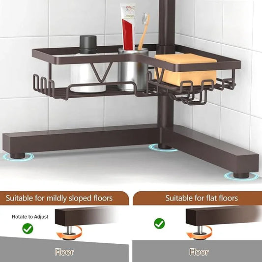 KEGII Floor Corner Shower Caddy Standing, Rustproof 4-Tier Shower Shelf Organizer with Hooks & Soap Holder, Free-Standing Bathroom Storage Rack for Shampoo & Toiletries, Bronze - ModernBath