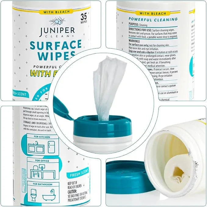 Juniper CLEAN 1 Pack Surface Cleaning Wipes with Bleach, All-Purpose Cleaner for Bathroom, Kitchen, Office, 35 Count Canister, 7.5" x 7" Sheet, Fresh Scent, Lint Free & Durable - ModernBath