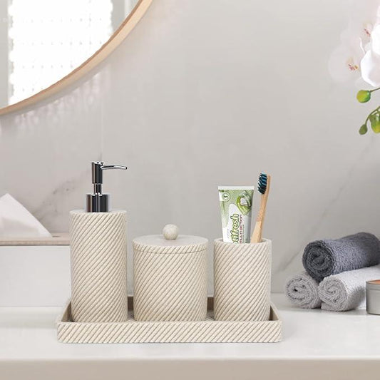 Beige Bathroom Accessories Set 4 Pcs - Toothbrush Holder,Lotion Soap Dispenser,Qtip Holder Dispenser,Vanity Tray for Countertop Vanity Organizer,Bathroom Accessory Set - ModernBath