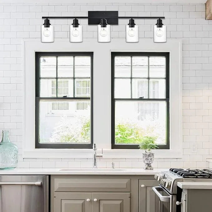 VINLUZ Bathroom Lighting Fixtures Over Mirror Matte Black,5-Lights Farmhouse Vanity Lights Wall Mount Light Fixture for Porch Workshop - ModernBath