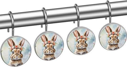 Easter 12pcs Rabbit Shower Curtain Hooks,Decorative Shower Curtain Hanger Rings Roller,Stainless Steel Round Shower Rings Hangers for Bathroom