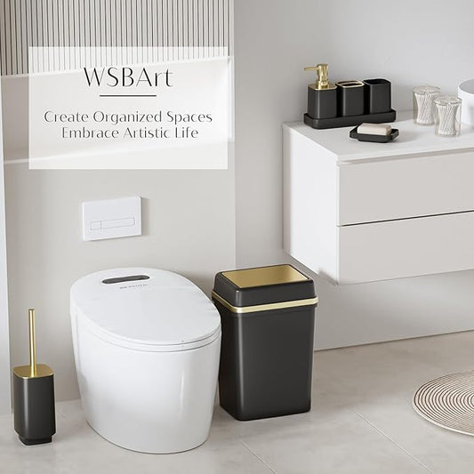 9PCS Bathroom Accessory Set, Black Bathroom Set with Large-Capacity 4 Gallon Trash Can, Bathroom Accessories Set Complete, Toothbrush Holder, Soap Dispenser, Toilet Brush, Bathroom Decor