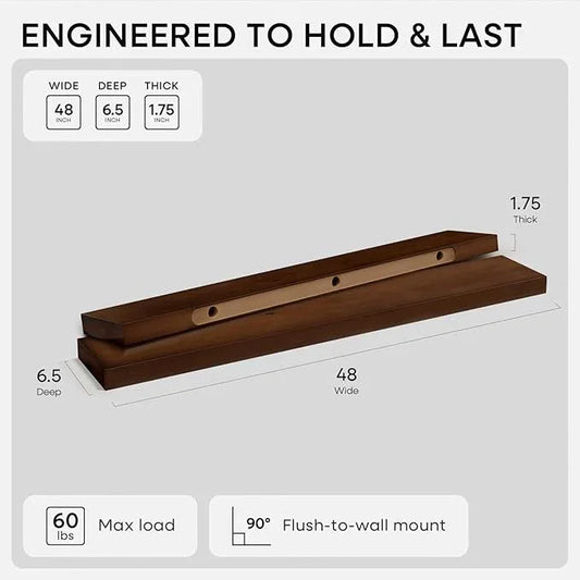 Homeforia 48 inch Walnut Floating Shelf, High End Solid Real Wood Large 48inch Floating Shelves for Wall, Dark Brown 48 inches Long Floating Shelves, Heavy Duty Bracket, 48 X 6.5 X 1.75 inch, Set of 3 - ModernBath