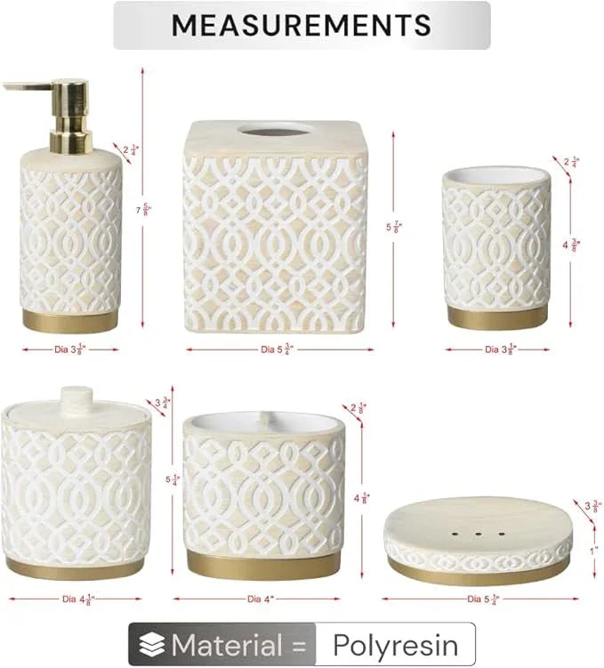 6-Piece Bathroom Accessories Set – Soap Dispenser, Toothbrush Holder, Tumbler, Soap Dish, Cotton Swab Jar & Toilet Brush – Modern Bathroom Decor Set (Solana) - ModernBath