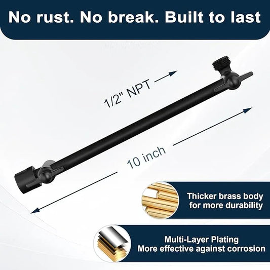 BRIGHT SHOWERS Shower Head Extension Arm with Locking Nut,Solid Brass 10 Inch Universal Shower Arm Extender for Rain and Handheld Showerhead, Height & Angle Adjustable, Matte Black - ModernBath