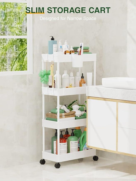LEHOM Slim Rolling Storage Cart - 4 Tiers Bathroom Organizer Utility Cart Slide Out Storage Shelves Mobile Shelving Unit for Kitchen, Bedroom, Office, Laundry Room, Small Narrow Spaces (7.1" W+White) - ModernBath