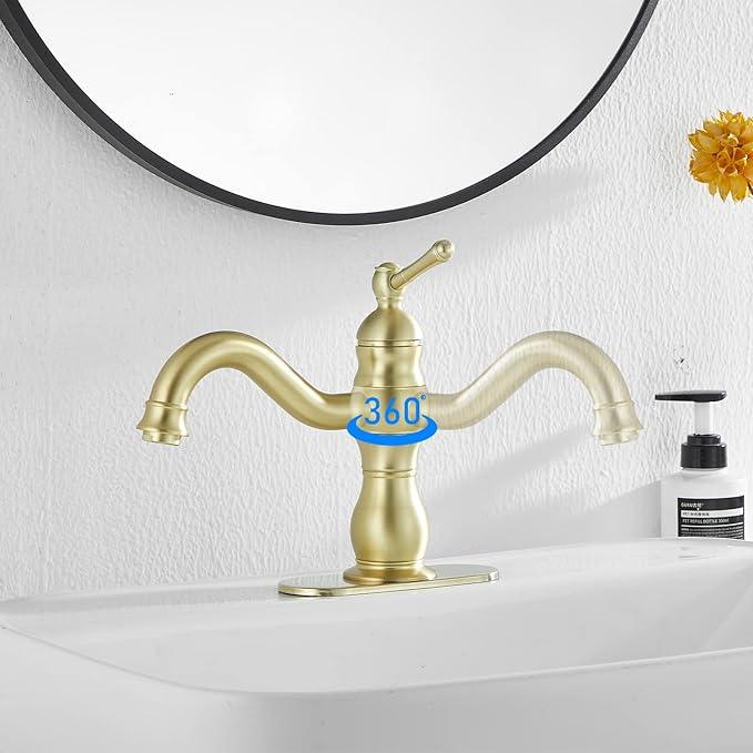 Bathroom Faucet Brushed Gold GGStudy 360° Swivel Bathroom Vanity Faucet Single Handle One Hole Bathroom Sink Faucet Basin Matching Pop Up Drain with Overflow - ModernBath