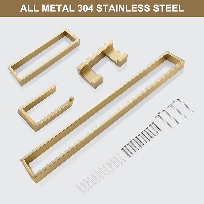 Lairuier Bathroom Hardware Accessories Set, Brushed Gold 4-Piece Bathroom Hardware Set Including Towel Bar,Towel Holder, Toilet Paper Holder, Towel Hook, Stainless Steel Bath Towel Bar Set - ModernBath