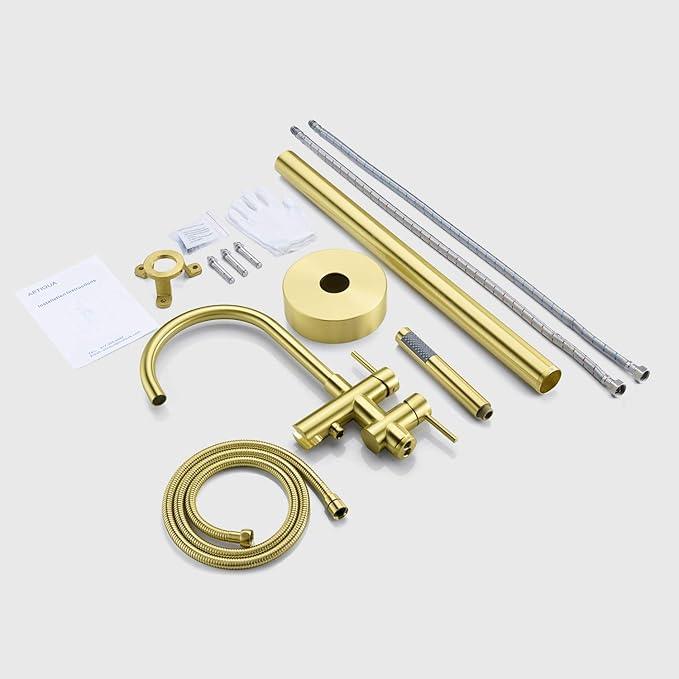 Freestanding Tub Filler Bathtub Faucet Brushed Gold Floor Mounted Brass Faucets with Handheld Shower - ModernBath