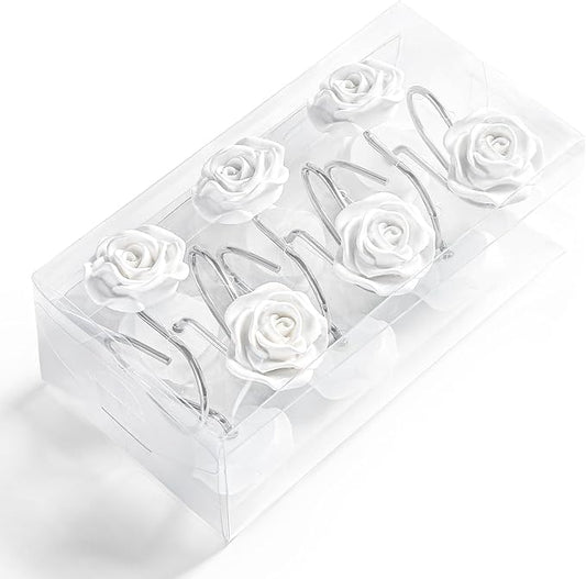 Litabel Rose Flower Shower Curtain Hooks 12PCS,Home Decorative White Rose Shower Curtain Hooks Metal Rustproof Cute Rose Flower Shower Hooks Rings Bathroom Shower Rods Decoration Accessories