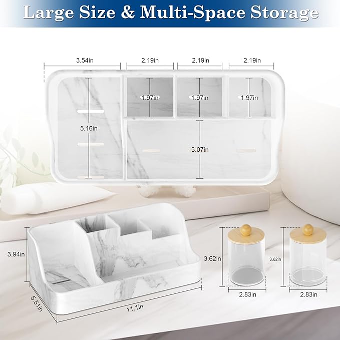 Polinook Marble Bathroom Countertop Organizer - Silicone Bathroom Vanity Countertop Organizer - Tooth Brush Organizer With 2PCS Qtip Holder Dispenser - Toothpaste Holder Drainage - Bathroom Essentials