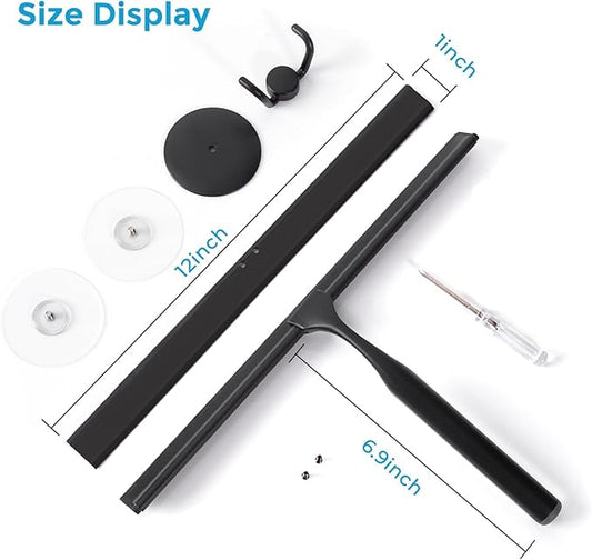 Quntis 12 Inch Squeegee for Shower Glass, Black Shower Squeegee with Adhesive Hooks Heavy Duty, Non-Slip Long Handle, Spare Blade, All-Purpose Squeegee Cleaning for Bathroom Doors Car Window