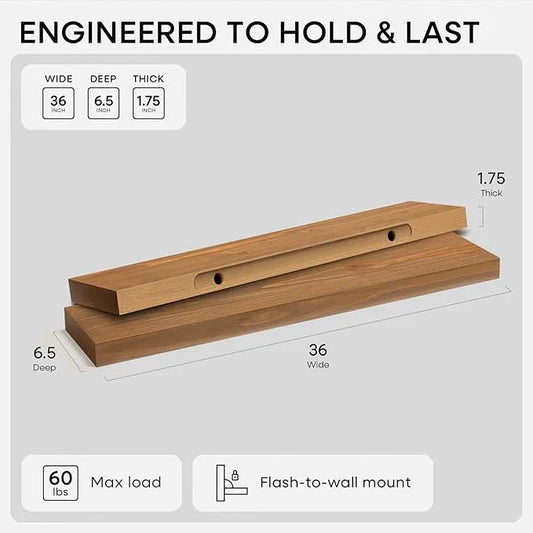 Homeforia 36 inch Golden Oak Floating Shelf, High End Solid Real Wood 36inch Small Floating Shelves for Wall Mounted, Oak Wooden 36in Floating Shelves, Heavy Duty Bracket, 36 X 6.5 X 1.75 in, Set of 3 - ModernBath