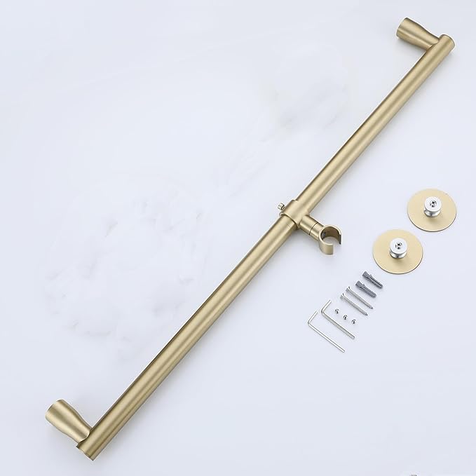 RRAJJ Shower Slide bar That is Installed by pasting or Punching Holes,Adjustable Height 28 inch of All SUS304 Stainless Steel Shower Head Holder(All Stainless Steel-Brushed Gold)