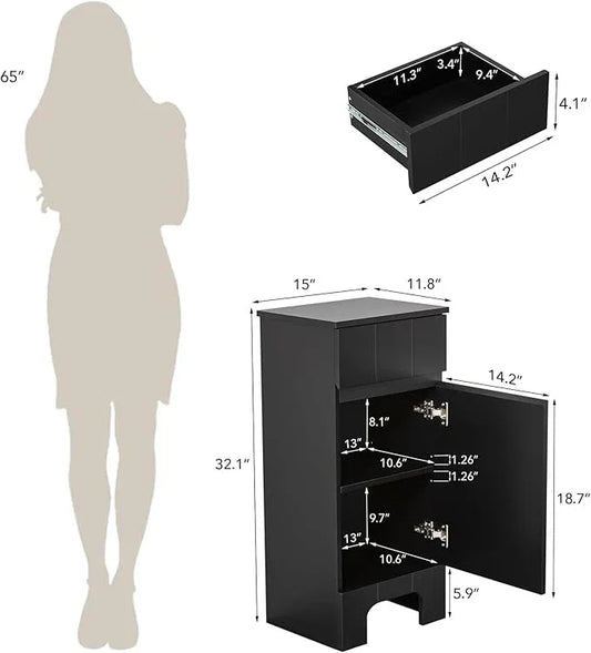 Small Bathroom Cabinet with Adjustable Shelves, Drawer, Anti-Tip Design, 14.96" L x 11.81" W x 32.09" H, Durable MDF for Bathroom, Kitchen, Laundry Storage, Soft-Close Door - ModernBath