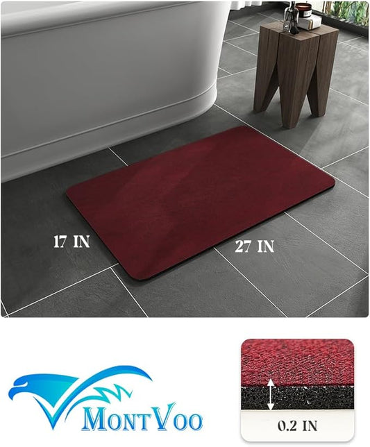 MontVoo -Bath Mat Rug-Rubber Backing Non Slip Quick Dry Absorbent Thin Bathroom Rugs Fit Under Door-Faux Suede Surface Bathroom Floor Mats-Shower Rug for in Front of Bathtub Shower Burgundy 17"x27.5"