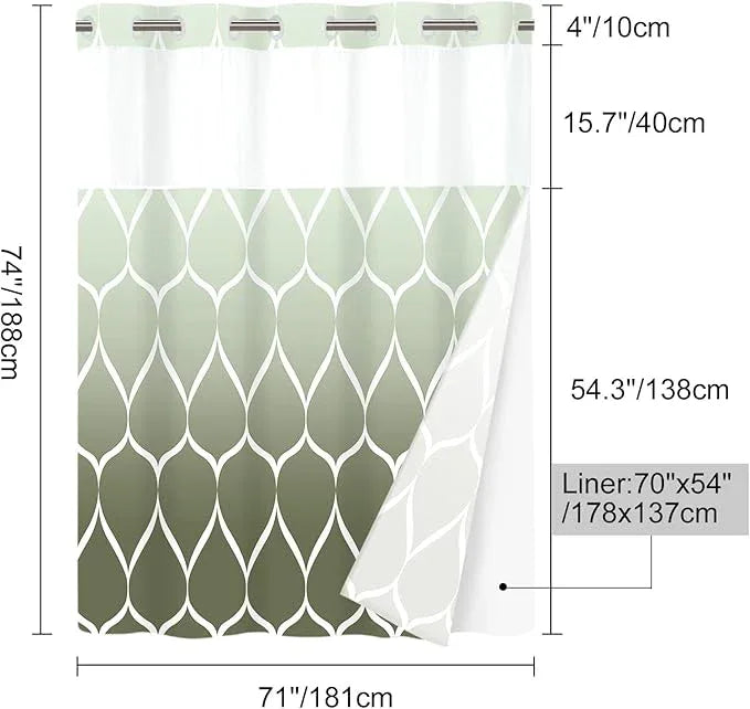 Yiatn No Hook Ombre Sage Green Shower Curtain with Snap in Fabric Liner Set - Hotel Style with See Through Mesh Top Window, 71x74 INCH - ModernBath