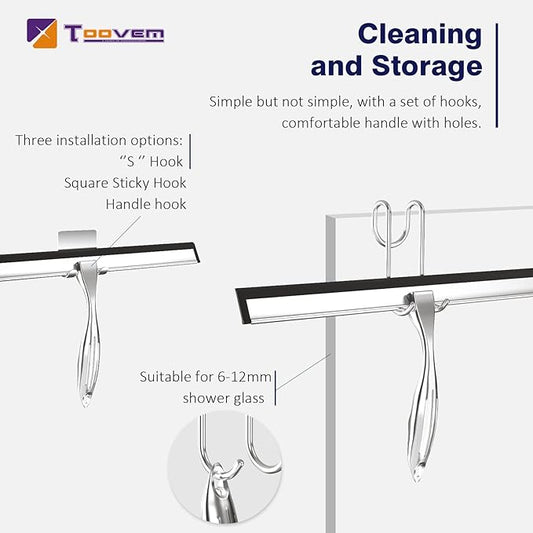 TOOVEM 14 Inch Shower Squeegee for Glass Doors, Window, Bathroom, Car Windshield, Shower Cleaning Tools with S Hook, Square Sticky Hook (Silver)