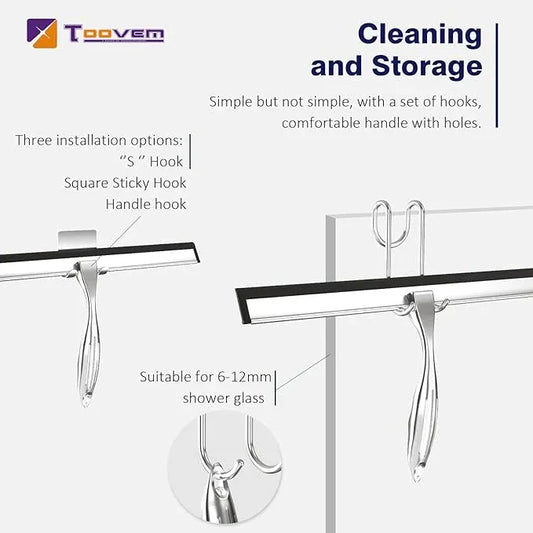 TOOVEM 14 Inch Shower Squeegee for Glass Doors, Window, Bathroom, Car Windshield, Shower Cleaning Tools with S Hook, Square Sticky Hook (Silver) - ModernBath