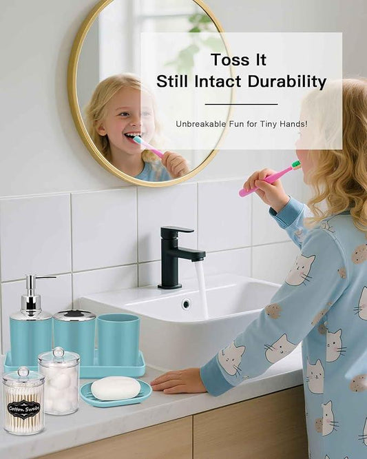 IMAVO Bathroom Accessories Set,Blue Bathroom Set,9 Pieces Bathroom Accessory Set,Tray,Qtip Holders,Toilet Brush,Trash Can for Bathroom Décor and Home Gifts - ModernBath