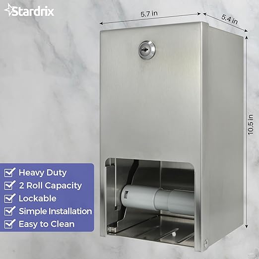 2 Roll Stainless Steel Commercial Toilet Paper Dispenser, Heavy Duty Wall Mount Tissue Holder with Lock for Restroom/Bathroom
