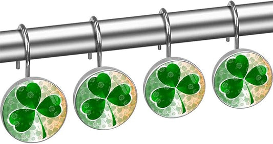 St. Patrick's Day 12pcs Clover Shower Curtain Hooks, Decorative Shower Curtain Hanger Rings Roller, Stainless Steel Round Shower Rings Hangers for Bathroom