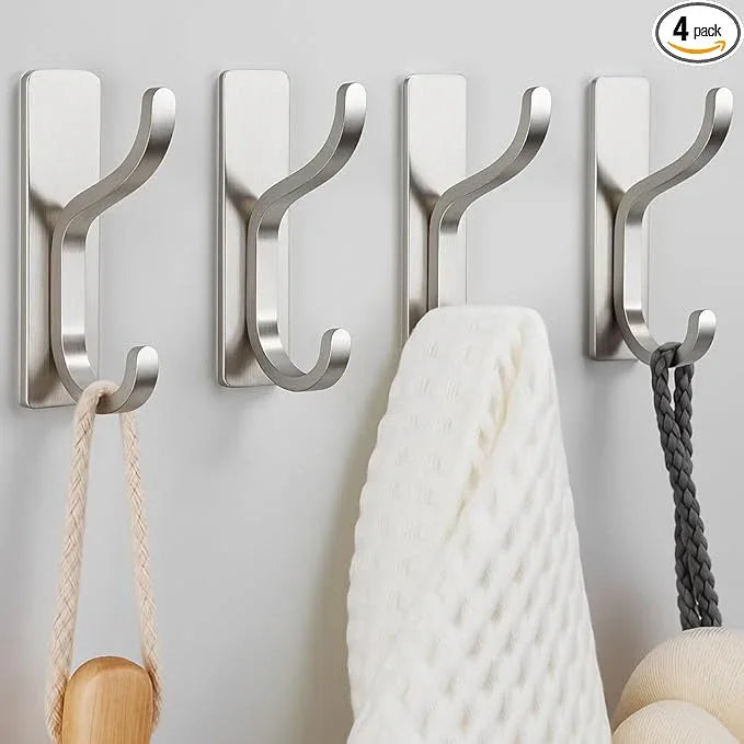 pickpiff Adhesive Wall Hooks for Hanging Towels - Heavy Duty Stick On Hooks, Strong Hold up to 13 lbs, Hangers for Coats, Bags, Purses, Ideal for Door, Closet, or Bathroom, Brushed Silver,4 Pack - ModernBath