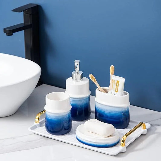 RZCNC Navy Blue Bathroom Accessories Set, 4-Piece Blue Ceramic Bathroom Decorations Accessories Set,Contain Toothbrush Cup,Soap Dispenser,Soap Dish,Tumbler - ModernBath