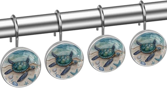 Beach Sea Turtle Shower Curtain Hooks Rings, Stainless Steel Rust Proof Shower Curtain Hooks, Decorative Shower Hooks for Bathroom Shower Rods Curtains, Set of 12