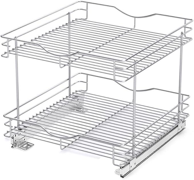 FULGENTE Chrome Finish 2 Tier (17" W X 18" D) Pull Out Drawer Cabinet Organizer Heavy Duty Slide Out Pantry Shelves Sliding Basket Storage For Home Kitchen Bathroom Under Sink Organization - ModernBath