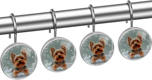 Bathing Dog and Bubbles Shower Curtain Hooks 12Pcs, Decorative Rust Resistant Shower Rings for Shower Curtain Rods, Stainless Steel Round Curtain Hooks for Bathroom, Bedroom, Farmhouse - ModernBath