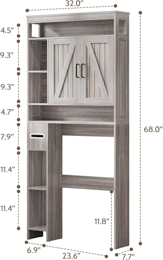 Over The Toilet Storage Cabinet with 2 Barn Doors & Built-in Toilet Paper Holder, Farmhouse Space-Saving Organizer for Bathrooms and Laundry Room, Grey