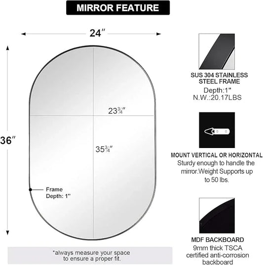 ANDY STAR Black Mirror Vanity, 24x36’’ Oval Mirrors for Bathroom, Black Oval Mirror, Pill Shaped Mirror, Vanity Mirrors Stainless Steel Metal Frame Wall-Mounted Ideal for Bathroom - ModernBath