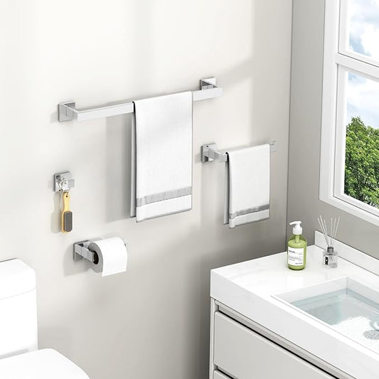 Suyar Polished Chrome Bathroom Hardware Set 4 Pieces, 304 Stainless Steel Bathroom Accessories, Include Robe Hook, Toilet Paper Holder, Hand Towel Holder, Bath Towel Bar