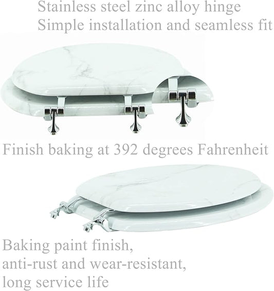 BLOFDE Round Toilet Seat Wood Toilet Seat Prevent Shifting with Zinc Alloy Hinges American Standard Size Toilet Seat Easy to Install also Easy to Clean(Round,Marble)