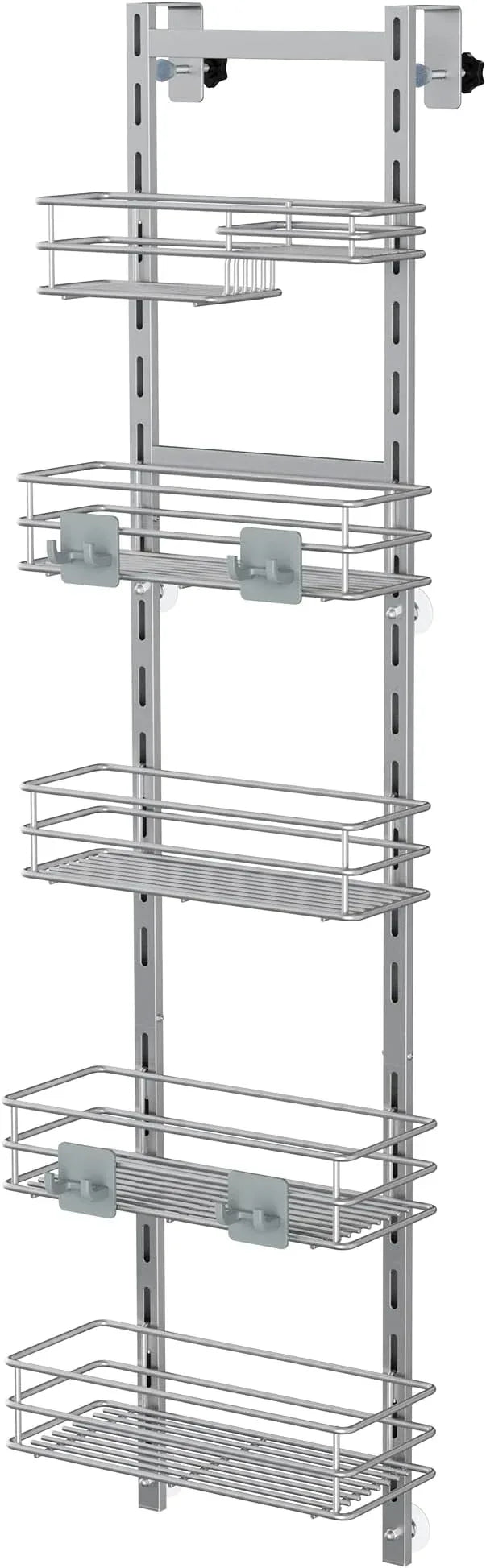 Orimade Over the Door Shower Caddy Adjustable 5 Tier Silver Grey,Bathroom Hanging Organizer Shelf Rustproof with 4 Hooks,Shower Basket with Soap Holder and Suction Cup - ModernBath