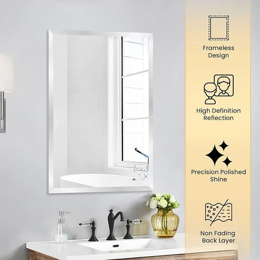 Duprima Rectangle Bevelled Frameless Mirror - Wall Mirror 30” x 36”, Shatterproof Modern Bathroom Mirror for Gym, Bathroom Vanity, Entryways with Bevelled Edge, Horizontally or Vertically - ModernBath