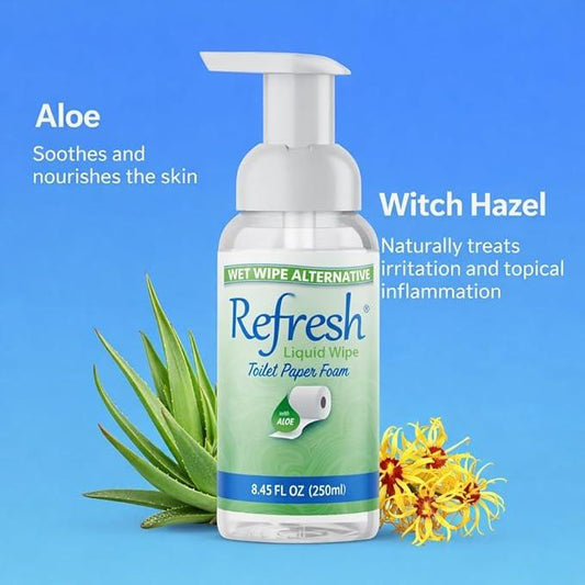 Refresh Liquid Wipe Toilet Paper Foam – Eco-Friendly Flushable Wet Wipe Alternative, Cleanses & Soothes with Witch Hazel & Aloe, Septic & Plumbing Safe, 250ml (8.45 oz) (1 Pack) - ModernBath