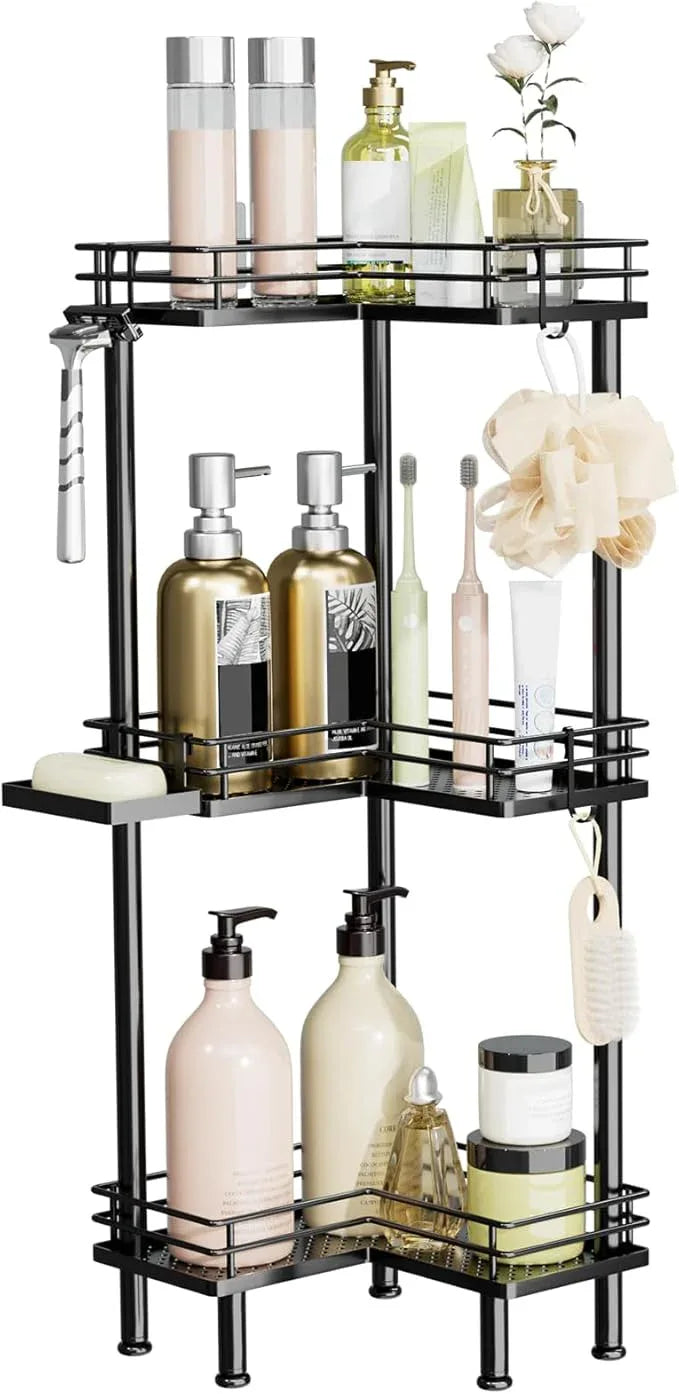 Consumest Corner Shower Caddy Standing - 3-Tier Stainless Steel Shower Organizer with Soap Holder and 4 Hooks, Large Capacity Corner Shelf Stand for Bathroom, Rest Room, Black - ModernBath